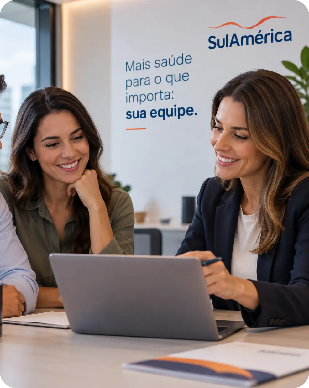 Duas consultoras sorrindo enquanto analisam uma cotação no notebook, em escritório com a marca SulAmérica ao fundo