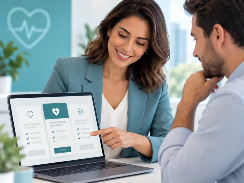 Consultora mostra ao cliente a comparação de planos no notebook